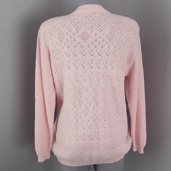 Vintage 80s Helen Harper Pink Pointelle Cardigan | Structured Shoulder | L - Picture 4 of 11